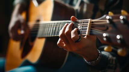Obraz premium Close-up of a person playing an acoustic guitar, showcasing detailed hand movements and warm lighting