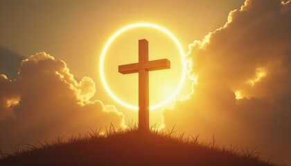 Photorealistic close-up of a glowing golden halo above a wooden cross for Palm Sunday, spiritual atmosphere