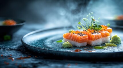 Exquisite salmon sushi, steaming hot, presented on dark plate, with decorative herbs in background