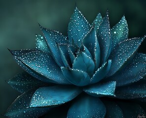 Fototapeta premium Close-up of a dark teal agave plant with water droplets, set against a rich green background. Captured with professional photography, showcasing intricate details in an award-winning shot.