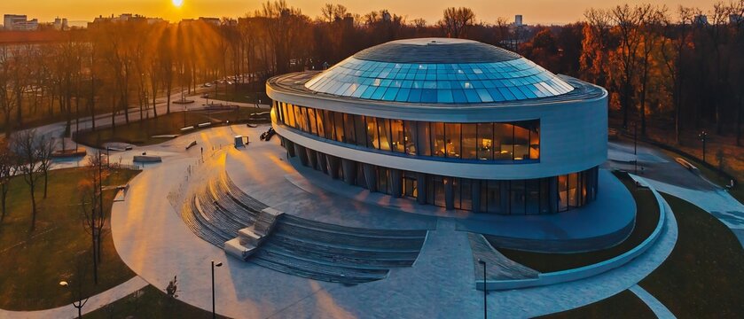 High-Altitude Aerial Drone Shot of the Planetarium in Katowice, Silesia, Poland