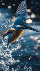 Majestic kingfisher bird flying above a picturesque blue lake