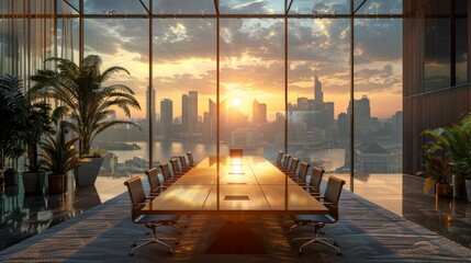 A modern conference room with panoramic views of the cityscape at sunset, ideal for business presentations and corporate events.