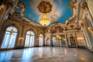 Obraz premium Grand Ballroom with Gold Accents and a Stunning Chandelier