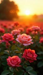 Warm light casting a golden glow on rose field, rose fields, nature, flowers