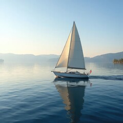 A sailboat gliding through calm waters on a serene lake, boat, serenity