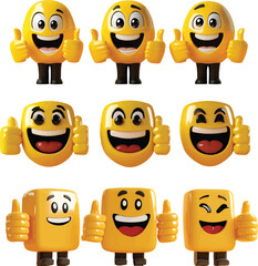 A professionally designed set of 3D-rendered cartoon emoji illustrations, each featuring a thumbs-up pose with a wide grin, symbolizing positivity and approval