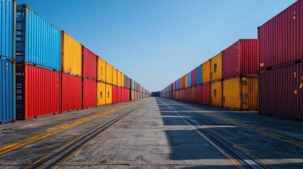 Obraz premium Colorful shipping containers stacked neatly in a row, symbolizing global trade and logistics. Perfect for supply chain, import/export, and international commerce.