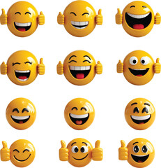 Fototapeta premium A vector set of dynamic 3D cartoon emojis, all giving a thumbs-up gesture with a bright and friendly smile