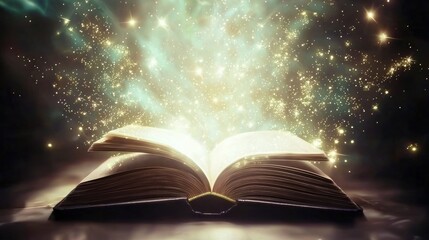 Magical Open Book Glowing With Golden And Teal Light