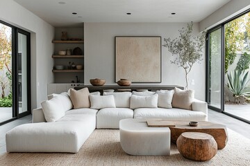 Fototapeta premium A modern minimalist interior design for a living room with a sofa view. Generative AI 