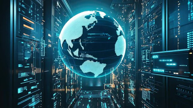Digital globe representation with data processing in a computer server environment, globe and digital data processing over computer servers - Powered by Adobe