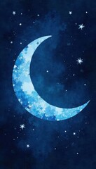 Naklejka premium Abstract blue watercolor crescent moon, scattered stars on dark background , midnight, magical, cosmic