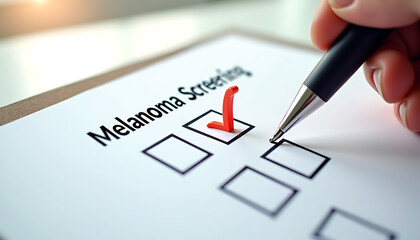 Close-up of a melanoma screening checklist with a pen marking a tick under soft natural light