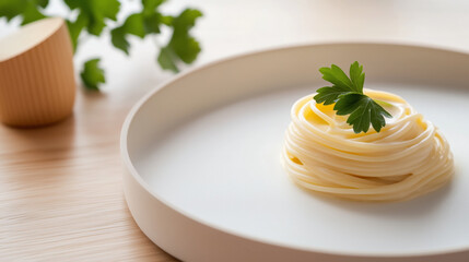 Minimalist presentation of spaghetti with light cream sauce and parsley