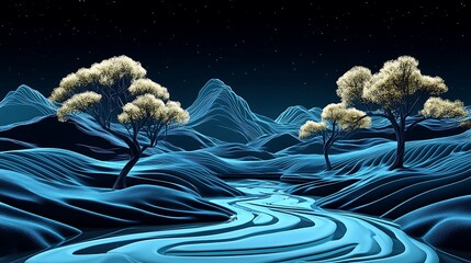 Nighttime Serene Landscape: 3D Render of Glowing Blue Hills and Stream AI Generated
