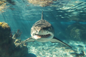 A great white shark approaches in clear turquoise waters, showcasing its power and beauty