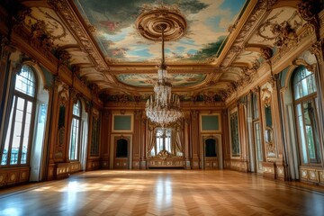 Obraz premium Grand Ballroom with Ornate Details, Crystal Chandelier, and Hand-Painted Ceiling