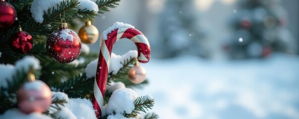 Obraz premium Cane decorated with white and red ornaments on a snowy background, decoration, tree