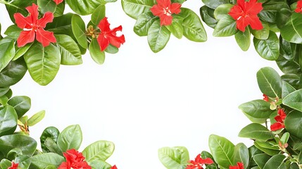 Red Flowers and Green Leaves Frame on White Background
