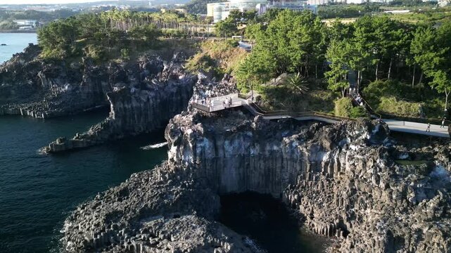 Aerial view of the Daepo Jusangjeolli Cliff at the southern coast of Jeju Island, South Korea