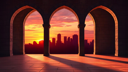 Sunset through an ancient archway in the city, gate of mosque for islamic theme