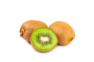 Kiwi isolated on white background. Whole fruit and slices pieces of kiwi on white background. fresh...