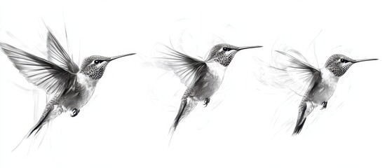Obraz premium Three vibrant hummingbirds in mid-flight showcasing their intricate feathers and gracefulness in a natural setting