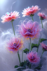 Spectrum Zinnia Blooms: A surreal and radiant depiction of zinnia flowers glowing with ethereal hues, blending nature and fantasy in a mesmerizing display of light and color. Created with generated AI