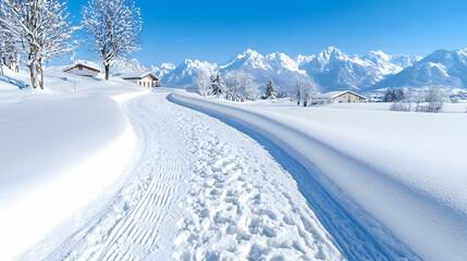 Obraz premium Snowy path, winter village, Alps mountains background, postcard