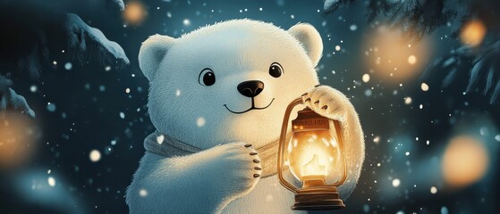 Obraz premium Cute polar bear holds lantern in a serene, magical night setting with soft glowing lights and tall grass