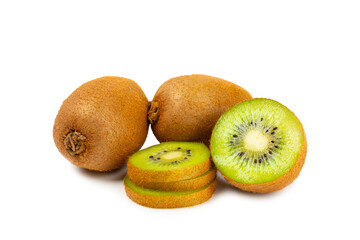Kiwi isolated on white background. Whole fruit and slices pieces of kiwi on white background. fresh...