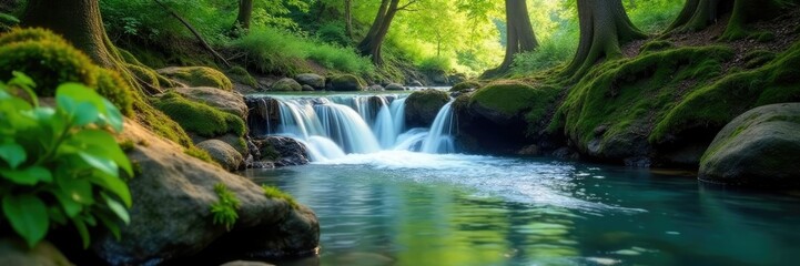 Obraz premium Cascading water in a serene forest environment, water features, trees