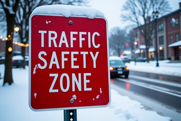 Obraz premium Winter Traffic Safety Zone Sign Snowy Street Scene Roadway Safety