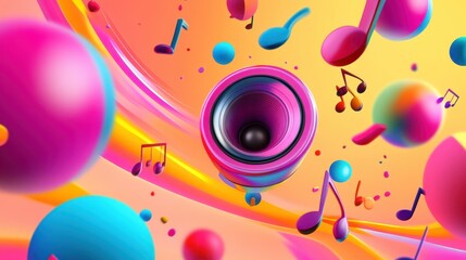 Fototapeta premium Vibrant Abstract Music Scene with Colorful Elements, Speakers, and Notes in Motion