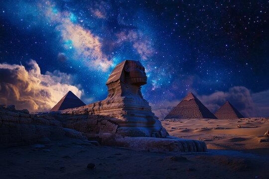 Majestic nighttime view of the great sphinx of giza under a starry sky and the milky way - Powered by Adobe
