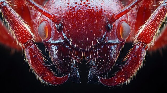 Close-up action of a red ant insect macro photography dark background detailed view nature concept