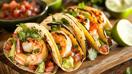 Grilled Shrimp Tacos with Avocado and Fresh Ingredients on a Wooden Board