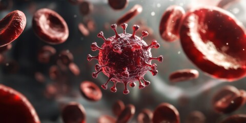 A 3D-rendered image of a measles virus particle floating in a human bloodstream, high detail