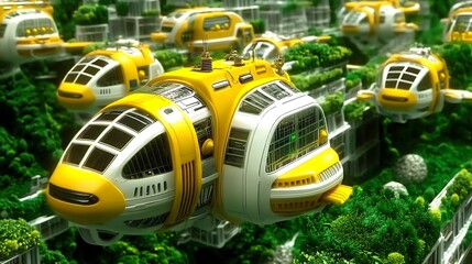 Futuristic Yellow Flying Vehicles Hovering Above Green Vegetation Structures