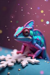 Chameleon resting on a snowflake-shaped decoration, snowflake, chameleon, sparkle