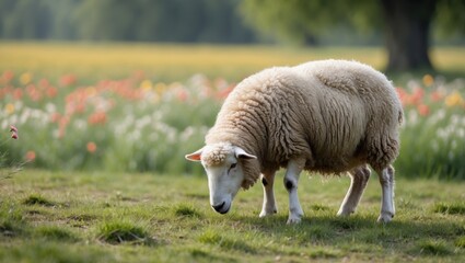 Obraz premium A lone sheep grazing peacefully on lush green grass amidst a vibrant floral landscape in spring