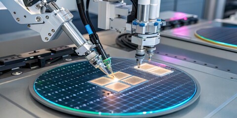 Advanced robotic arms performing precision tasks on semiconductor wafers in a clean room environment
