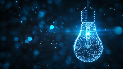 A luminous blue light bulb floats against a dark background, embodying innovation and creativity. This digital illustration represents AI technology, new ideas, and modern business concepts.