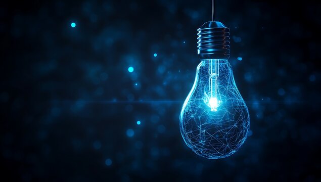 A luminous blue light bulb floats against a dark background, embodying innovation and creativity. This digital illustration represents AI technology, new ideas, and modern business concepts.