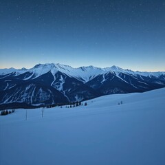 A serene and peaceful winter scene of snow-covered mountains under star-filled sky, Sky, Snow, Stars