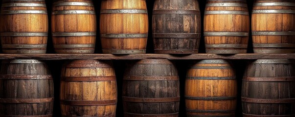 A collection of wooden barrels stacked neatly, showcasing their rich textures and craftsmanship.