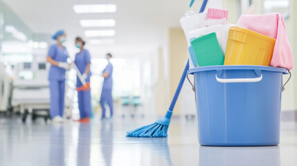 Professional Hospital Janitorial Team Ensures Medical Hygiene and Infection Control in Healthcare Facility with PPE and Sanitization Tools