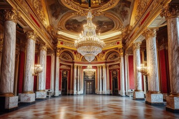 Obraz premium Grand Hall with Marble Columns, Crystal Chandelier, and Red Walls