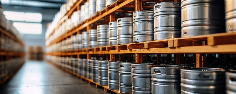 A well-organized warehouse featuring rows of metallic kegs on wooden shelves, illuminated by natural light filtering through large windows. - Powered by Adobe
